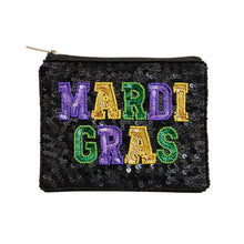 Load image into Gallery viewer, Mardi Gras Beaded Sequin Pouch | Purple Green Gold Hand-Beaded Clutch | Carnival Party Purse | Parade Accessory Bag
