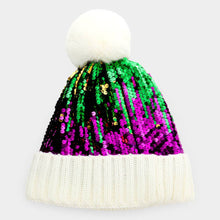 Load image into Gallery viewer, ✨ Sequin Pom Pom Beanie with Knit Cuff – Mardi Gras Edition 🎭