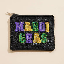 Load image into Gallery viewer, Mardi Gras Beaded Sequin Pouch | Purple Green Gold Hand-Beaded Clutch | Carnival Party Purse | Parade Accessory Bag