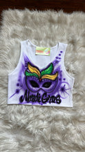 Load image into Gallery viewer, Custom Airbrush Mardi Gras V-Neck Ribbed Tank Top | Hand-Painted Crop Top | Personalized Airbrush Shirt | Mardi Gras Outfit for Women