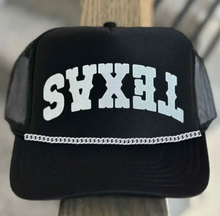 Load image into Gallery viewer, Inverted Texas Trucker Hat with Charm Chain | White Glitter Texas Mesh Cap
