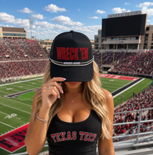 Load image into Gallery viewer, "WRECK 'EM" Black and Red Gameday Trucker Hat with Chain Charm | West Texas Spirit Mesh Cap | Red Glitter Varsity Hat Band | Football Game Day Accessory