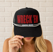 Load image into Gallery viewer, "WRECK 'EM" Black and Red Gameday Trucker Hat with Chain Charm | West Texas Spirit Mesh Cap | Red Glitter Varsity Hat Band | Football Game Day Accessory