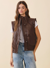 Load image into Gallery viewer, Faux Leather Puffer Outwear Vest – High Stand Collar Sanp-Botton Vest | Chocolate Color Women's Outdoor Apparael