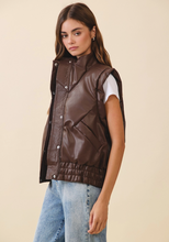 Load image into Gallery viewer, Faux Leather Puffer Outwear Vest – High Stand Collar Sanp-Botton Vest | Chocolate Color Women's Outdoor Apparael