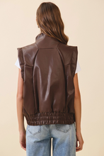 Load image into Gallery viewer, Faux Leather Puffer Outwear Vest – High Stand Collar Sanp-Botton Vest | Chocolate Color Women's Outdoor Apparael