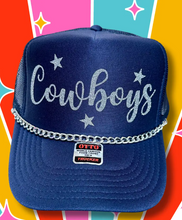 Load image into Gallery viewer, Cowboys Trucker Hat with Chain | Dallas Game Day Football Snabnack Cap | Texas Football Blue and Silver Accessories