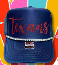 Load image into Gallery viewer, Texans Trucker Hat with Crystal Rhinestone Band | Texan Spirit Snapback Cap | State of Texas Pride Gameday Cap