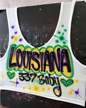 Load image into Gallery viewer, Custom Airbrush Mardi Gras V-Neck Ribbed Tank Top | Hand-Painted Crop Top | Personalized Airbrush Shirt | Mardi Gras Outfit for Women
