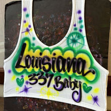 Load image into Gallery viewer, Custom Airbrush Mardi Gras V-Neck Ribbed Tank Top | Hand-Painted Crop Top | Personalized Airbrush Shirt | Mardi Gras Outfit for Women