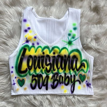 Load image into Gallery viewer, Custom Airbrush Mardi Gras V-Neck Ribbed Tank Top | Hand-Painted Crop Top | Personalized Airbrush Shirt | Mardi Gras Outfit for Women