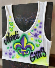 Load image into Gallery viewer, Custom Airbrush Mardi Gras V-Neck Ribbed Tank Top | Hand-Painted Crop Top | Personalized Airbrush Shirt | Mardi Gras Outfit for Women