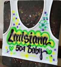 Load image into Gallery viewer, Custom Airbrush Mardi Gras V-Neck Ribbed Tank Top | Hand-Painted Crop Top | Personalized Airbrush Shirt | Mardi Gras Outfit for Women