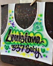 Load image into Gallery viewer, Custom Airbrush Mardi Gras V-Neck Ribbed Tank Top | Hand-Painted Crop Top | Personalized Airbrush Shirt | Mardi Gras Outfit for Women