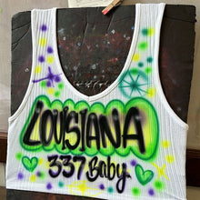 Load image into Gallery viewer, Custom Airbrush Mardi Gras V-Neck Ribbed Tank Top | Hand-Painted Crop Top | Personalized Airbrush Shirt | Mardi Gras Outfit for Women