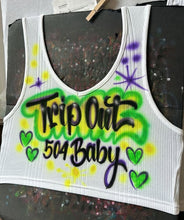 Load image into Gallery viewer, Custom Airbrush Mardi Gras V-Neck Ribbed Tank Top | Hand-Painted Crop Top | Personalized Airbrush Shirt | Mardi Gras Outfit for Women