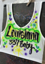 Load image into Gallery viewer, Custom Airbrush Mardi Gras V-Neck Ribbed Tank Top | Hand-Painted Crop Top | Personalized Airbrush Shirt | Mardi Gras Outfit for Women