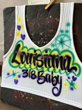 Load image into Gallery viewer, Custom Airbrush Mardi Gras V-Neck Ribbed Tank Top | Hand-Painted Crop Top | Personalized Airbrush Shirt | Mardi Gras Outfit for Women