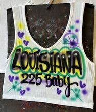 Load image into Gallery viewer, Custom Airbrush Mardi Gras V-Neck Ribbed Tank Top | Hand-Painted Crop Top | Personalized Airbrush Shirt | Mardi Gras Outfit for Women