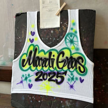 Load image into Gallery viewer, Custom Airbrush Mardi Gras V-Neck Ribbed Tank Top | Hand-Painted Crop Top | Personalized Airbrush Shirt | Mardi Gras Outfit for Women
