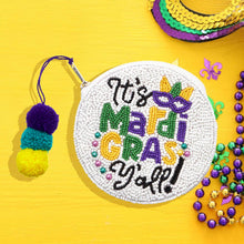 Load image into Gallery viewer, Seed Beaded “It’s Mardi Gras Y’all!” Pom Pom Mini Pouch | Beaded Coin Purse | Customizable Mardi Gras Pouch | Carnival Gift Bag