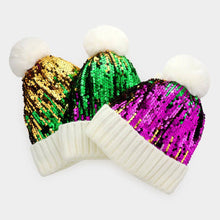 Load image into Gallery viewer, ✨ Sequin Pom Pom Beanie with Knit Cuff – Mardi Gras Edition 🎭