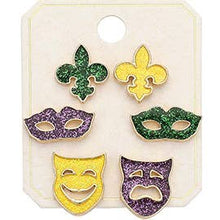 Load image into Gallery viewer, 3Pairs - Sparkly Enamel Mardi Gras Fleur de Lis Mask Earring