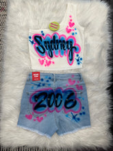 Load image into Gallery viewer, Custom Airbrush Name Jean Shorts Crop Top Set | One shoulder Crop top set |