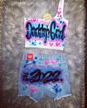 Load image into Gallery viewer, Custom Airbrush Name Jean Shorts Crop Top Set | One shoulder Crop top set |