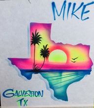 Load image into Gallery viewer, Custom Personalized Airbrush Name  t shirt, sunset airbrush , Texas state outline airbrush