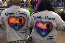 Load image into Gallery viewer, Custom  Couple Personalized Airbrush Name  T shirt Heart Sunset Beach Vacation