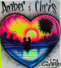 Load image into Gallery viewer, Custom  Couple Personalized Airbrush Name  T shirt Heart Sunset Beach Vacation