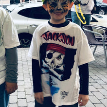 Load image into Gallery viewer, 🏴☠️ Pirate Custom Personalized Airbrush Name T shirt 🏴☠️/ Pirate shirt / Pirate Ship Skull shirt