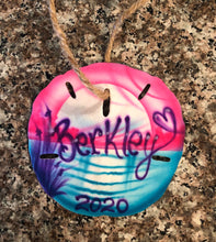Load image into Gallery viewer, Personalized Airbrush Name Sand Dollar 4"-4 1/2"  Sunset Scene Christmas Ornament Gift Beach Decor