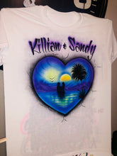 Load image into Gallery viewer, Custom  Couple Personalized Airbrush Name  T shirt Heart Sunset Beach Vacation