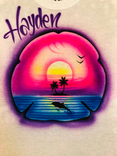 Load image into Gallery viewer, 🏖️Sand Dollar Custom Personalized Airbrush Name T shirt 🏖️ Sunset Beach Vacation