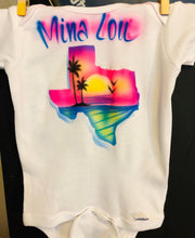 Load image into Gallery viewer, Custom Personalized Airbrush Name  t shirt, sunset airbrush , Texas state outline airbrush