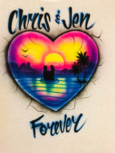 Load image into Gallery viewer, Custom  Couple Personalized Airbrush Name  T shirt Heart Sunset Beach Vacation
