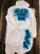 Load image into Gallery viewer, Kids Custom Airbrush Name 3 Piece Set / Personalized Hoodie Sweatpants T-shirt /Spray Paint Outfit / Gift Set for kids