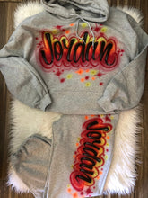 Load image into Gallery viewer, Kids Custom Airbrush Name 3 Piece Set / Personalized Hoodie Sweatpants T-shirt /Spray Paint Outfit / Gift Set for kids