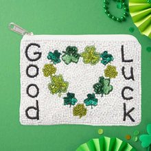 Load image into Gallery viewer, GOOD LUCK Message St Patricks Clover Heart Seed Beaded Mini
