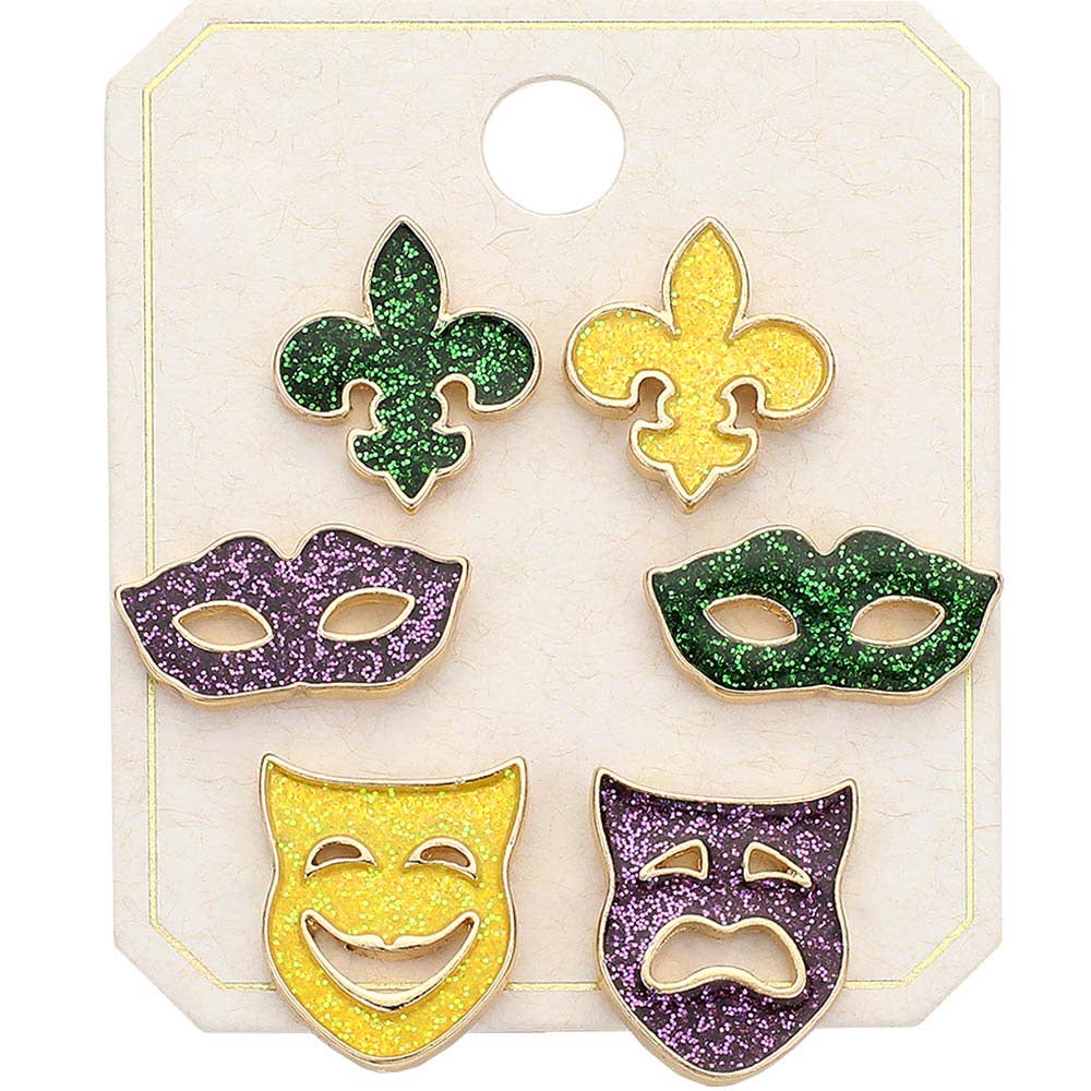 3Pairs - Sparkly Enamel Mardi Gras Fleur de Lis Mask Earring