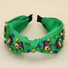 Load image into Gallery viewer, Mardi Gras Gemstone Cluster Knot Headband | Purple Green Gold Festival Hair Accessory | Charm Embellished Padded Headband
