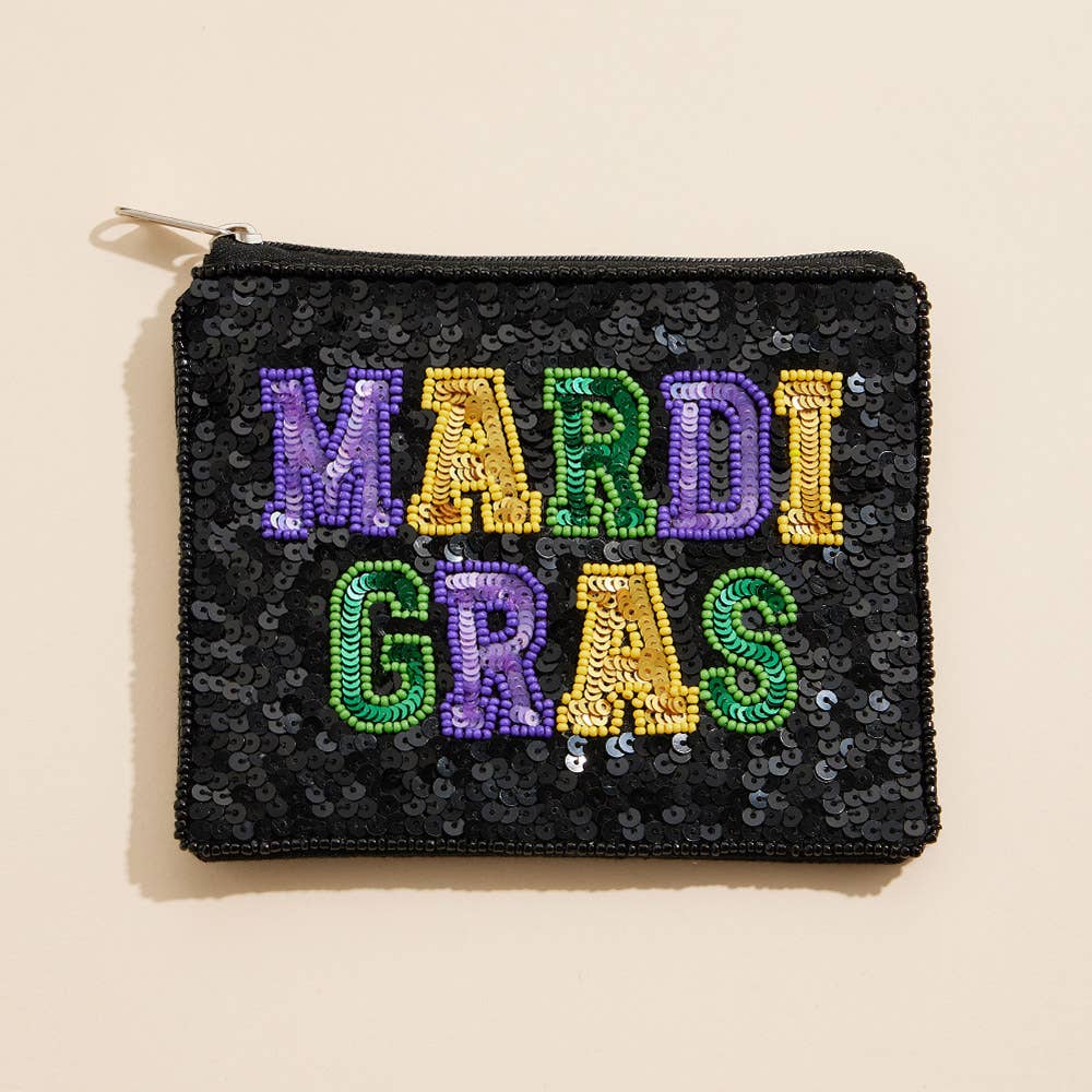 Mardi Gras Message Sequin Seed Beaded Mini Pouch Bag