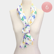 Load image into Gallery viewer, Silk Feel Satin Mardi Gras Fleur de Lis Patterned Scarf
