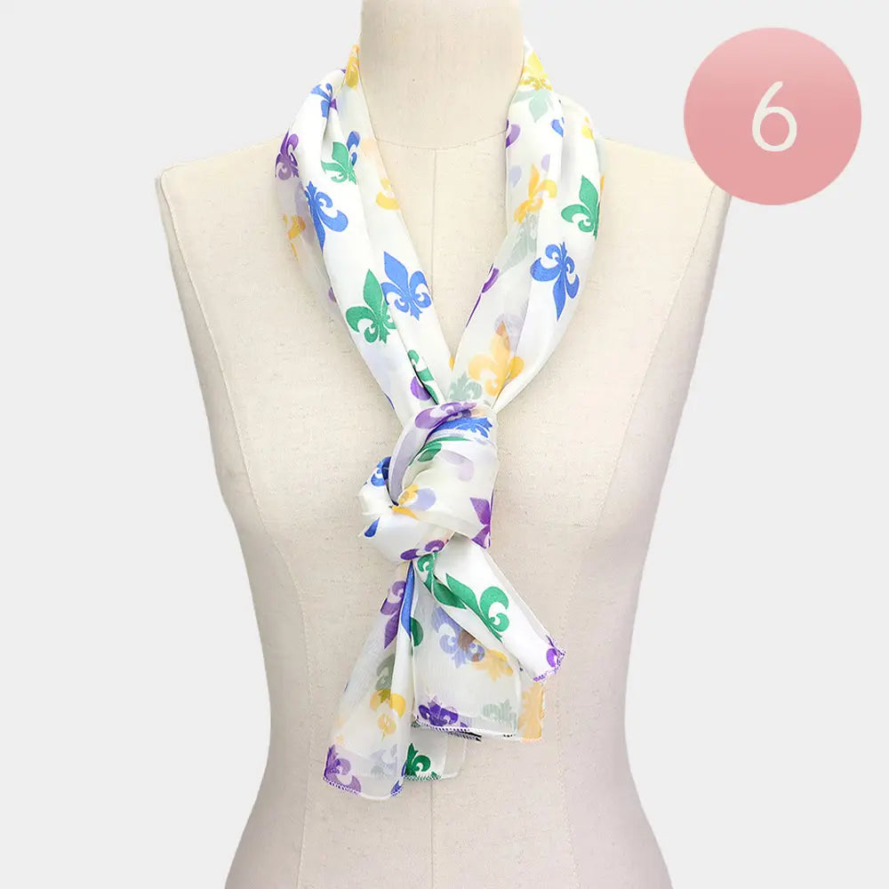 Silk Feel Satin Mardi Gras Fleur de Lis Patterned Scarf