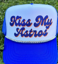 Load image into Gallery viewer, "Kiss my astros" Retro Blue and Orange Trucker Hat | Phrase Gameday Mesh Cap | Houston Baseball Spirit Foam Hat with Rhinestone Band
