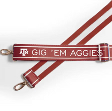 Load image into Gallery viewer, Maroon White Texas A&amp;M "Gig 'Em Aggies" Bag Strap (1.5" x 55")

