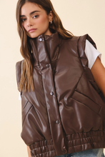 Load image into Gallery viewer, Faux Leather Puffer Outwear Vest – High Stand Collar Sanp-Botton Vest | Chocolate Color Women's Outdoor Apparael
