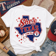 Load image into Gallery viewer, Texas Baseball Game Day Tee | "She's From Texas" Red and Blue Graphic Shirt
